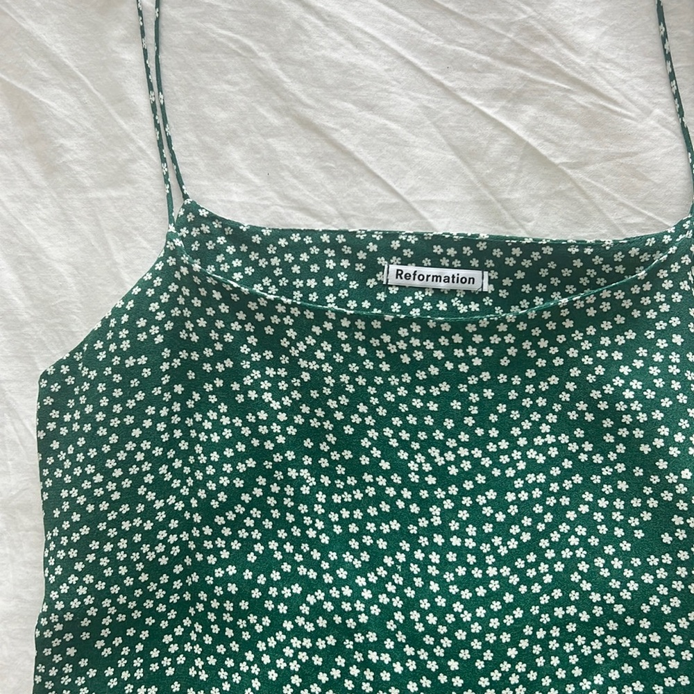 Reformation Green Floral Spaghetti Strap Tank Top
